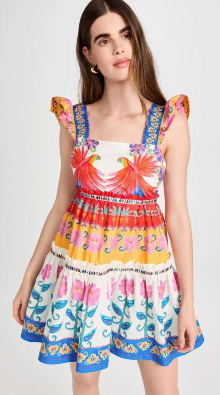 Farm Rio Vivid Garden Bird Parrot Tiered Ruffle Mini Dress Size XS